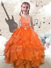 One Shoulder Orange Red Organza Lace Up Little Girls Pageant Dress Wholesale Sleeveless Floor Length Beading and Ruffles