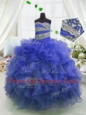 Floor Length Ball Gowns Sleeveless Blue Child Pageant Dress Lace Up