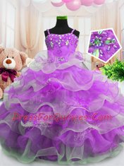 Dazzling Ruffled Purple Sleeveless Organza Zipper Little Girl Pageant Gowns for Party and Wedding Party