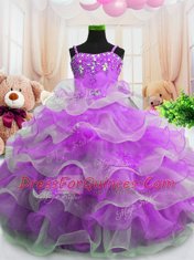 Dazzling Ruffled Purple Sleeveless Organza Zipper Little Girl Pageant Gowns for Party and Wedding Party