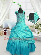 Spectacular Floor Length Turquoise Flower Girl Dress Satin Sleeveless Beading and Pick Ups