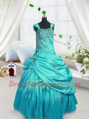 Spectacular Floor Length Turquoise Flower Girl Dress Satin Sleeveless Beading and Pick Ups