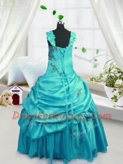 Spectacular Floor Length Turquoise Flower Girl Dress Satin Sleeveless Beading and Pick Ups