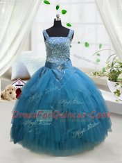 Designer Floor Length Lace Up Toddler Flower Girl Dress Aqua Blue for Party and Wedding Party with Beading and Ruffles