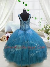 Designer Floor Length Lace Up Toddler Flower Girl Dress Aqua Blue for Party and Wedding Party with Beading and Ruffles