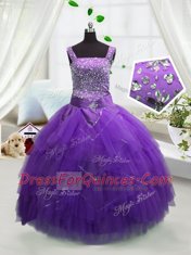 Stylish Tulle Straps Sleeveless Lace Up Beading and Ruffles Little Girls Pageant Dress Wholesale in Lavender
