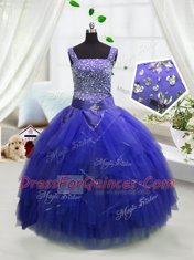 Pretty Royal Blue Straps Neckline Beading and Ruffles Toddler Flower Girl Dress Sleeveless Lace Up