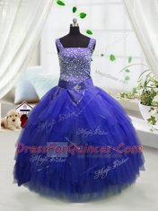 Pretty Royal Blue Straps Neckline Beading and Ruffles Toddler Flower Girl Dress Sleeveless Lace Up