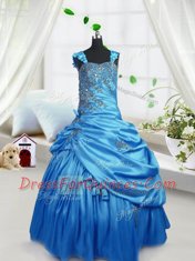 Aqua Blue Column/Sheath Beading and Pick Ups Child Pageant Dress Zipper Satin Sleeveless Floor Length