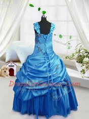 Aqua Blue Column/Sheath Beading and Pick Ups Child Pageant Dress Zipper Satin Sleeveless Floor Length
