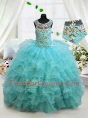 Scoop Sleeveless Kids Formal Wear Floor Length Beading and Ruffled Layers Aqua Blue Organza