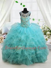 Scoop Sleeveless Kids Formal Wear Floor Length Beading and Ruffled Layers Aqua Blue Organza