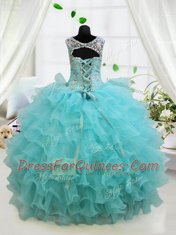 Scoop Sleeveless Kids Formal Wear Floor Length Beading and Ruffled Layers Aqua Blue Organza