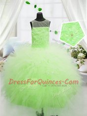High Class Yellow Green Tulle Zipper Scoop Sleeveless Floor Length Little Girls Pageant Gowns Beading and Appliques