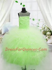 High Class Yellow Green Tulle Zipper Scoop Sleeveless Floor Length Little Girls Pageant Gowns Beading and Appliques