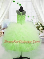 High Class Yellow Green Tulle Zipper Scoop Sleeveless Floor Length Little Girls Pageant Gowns Beading and Appliques