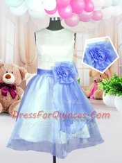 Baby Blue Organza Zipper Scoop Sleeveless Knee Length Flower Girl Dress Hand Made Flower