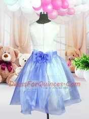 Baby Blue Organza Zipper Scoop Sleeveless Knee Length Flower Girl Dress Hand Made Flower