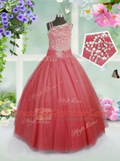 Pretty Watermelon Red Sleeveless Beading Floor Length Little Girls Pageant Dress Wholesale