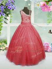 Pretty Watermelon Red Sleeveless Beading Floor Length Little Girls Pageant Dress Wholesale