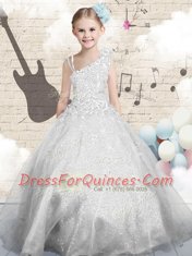 Dramatic Silver Ball Gowns Organza Asymmetric Sleeveless Beading and Appliques and Hand Made Flower Floor Length Lace Up Flower Girl Dress