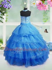 Hot Sale Square Sleeveless Organza Girls Pageant Dresses Beading and Ruffled Layers Zipper