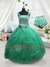 Turquoise Sleeveless Beading and Ruffles Floor Length Kids Pageant Dress