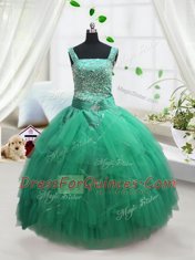 Turquoise Sleeveless Beading and Ruffles Floor Length Kids Pageant Dress