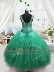 Turquoise Sleeveless Beading and Ruffles Floor Length Kids Pageant Dress