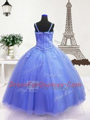 Sleeveless Tulle Floor Length Zipper Little Girl Pageant Gowns in Blue with Beading and Hand Made Flower