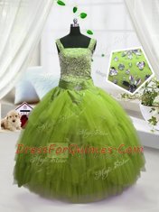 Yellow Green Lace Up Straps Beading and Ruffles Little Girl Pageant Gowns Tulle Sleeveless