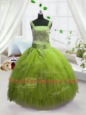 Yellow Green Lace Up Straps Beading and Ruffles Little Girl Pageant Gowns Tulle Sleeveless