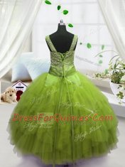 Yellow Green Lace Up Straps Beading and Ruffles Little Girl Pageant Gowns Tulle Sleeveless