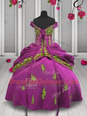 Hot Pink Off The Shoulder Neckline Beading and Appliques Little Girls Pageant Dress Wholesale Sleeveless Lace Up