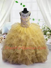Colorful Light Yellow Lace Up Scoop Beading and Ruffled Layers Toddler Flower Girl Dress Organza Sleeveless