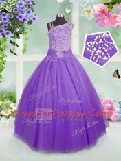 Floor Length Lavender Flower Girl Dress Asymmetric Sleeveless Side Zipper