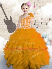 New Arrival One Shoulder Sleeveless Lace Up Floor Length Embroidery and Ruffles and Hand Made Flower Little Girl Pageant Dress