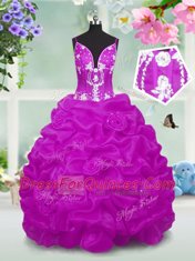 Luxurious Fuchsia V-neck Neckline Beading and Appliques and Pick Ups Child Pageant Dress Sleeveless Lace Up