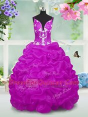 Luxurious Fuchsia V-neck Neckline Beading and Appliques and Pick Ups Child Pageant Dress Sleeveless Lace Up