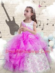 Scoop Purple Organza Lace Up Child Pageant Dress Sleeveless Floor Length Beading and Ruffled Layers