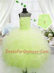 Scoop Sleeveless Little Girls Pageant Gowns Floor Length Beading and Appliques Yellow Green Tulle