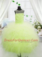 Scoop Sleeveless Little Girls Pageant Gowns Floor Length Beading and Appliques Yellow Green Tulle