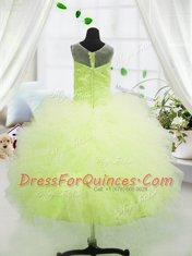 Scoop Sleeveless Little Girls Pageant Gowns Floor Length Beading and Appliques Yellow Green Tulle
