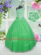 Deluxe Sleeveless Tulle Floor Length Side Zipper Toddler Flower Girl Dress in Green with Beading