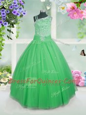 Deluxe Sleeveless Tulle Floor Length Side Zipper Toddler Flower Girl Dress in Green with Beading