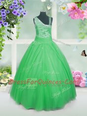 Deluxe Sleeveless Tulle Floor Length Side Zipper Toddler Flower Girl Dress in Green with Beading