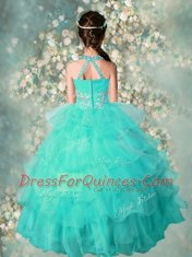 Best Turquoise Kids Formal Wear Party and Wedding Party and For with Beading and Ruffled Layers Halter Top Sleeveless Zipper