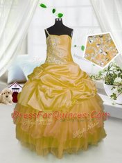 One Shoulder Orange Lace Up Little Girl Pageant Dress Beading and Ruffled Layers and Pick Ups Sleeveless Floor Length