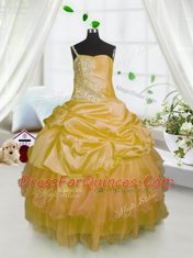One Shoulder Orange Lace Up Little Girl Pageant Dress Beading and Ruffled Layers and Pick Ups Sleeveless Floor Length