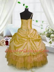 One Shoulder Orange Lace Up Little Girl Pageant Dress Beading and Ruffled Layers and Pick Ups Sleeveless Floor Length